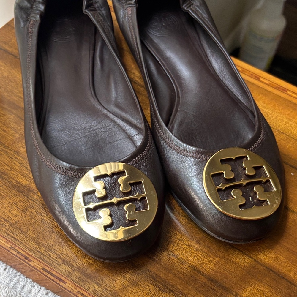 Tory Burch Dark Brown Signature Ballet Flats with Gold Emblem